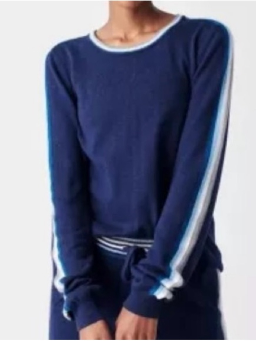 Faherty Vintage Surf Navy Crewneck Sweater Contrasting Blue Shoulder Stripes L